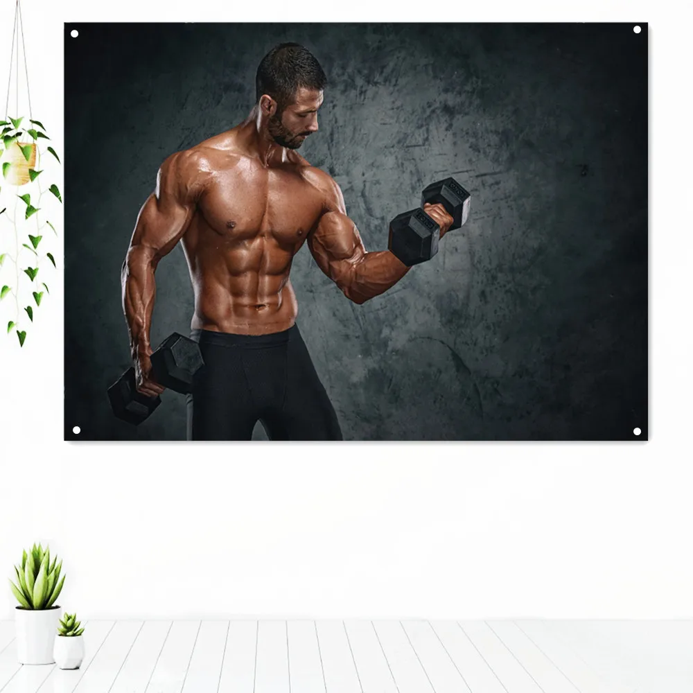 

Muscular Men Lifting Weights Exercise Inspirational Poster Vintage Fitness Workout Artwork Tapestry Decorative Banner Flag Mural