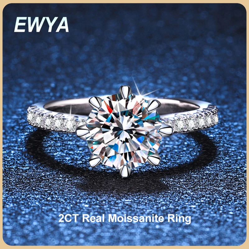 

EWYA GRA Certified 2CT Moissanite Diamond Ring for Women S925 Sterling Silver White Gold Plated Engagement Rings Wedding Band
