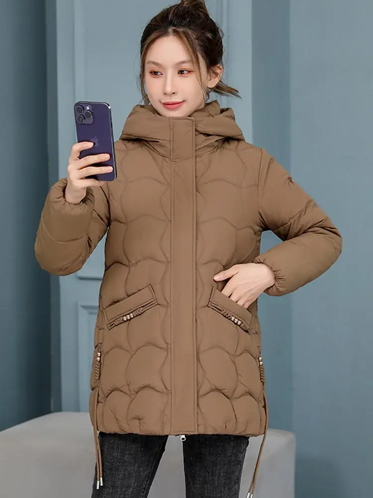 Vielleicht 2023 New Korean Fashion Elegant Women Padded Cotton Coats Hooded Parkas Solid Meidum Long Warm Women Winter Jacket
