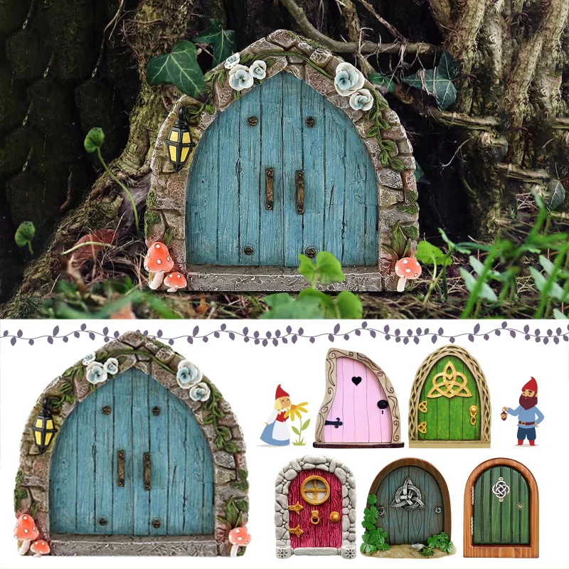 

Fairy Gnome Door Figurines Elf Home Miniature Art Wooden Window Doors Tree Sculpture Engraved Design Yard Garden Decor Statues