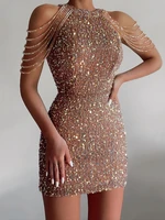 pink crystal tassel bodycon short skirt sequin party dress stretchy full lining tight package hips elegant shiny club dress