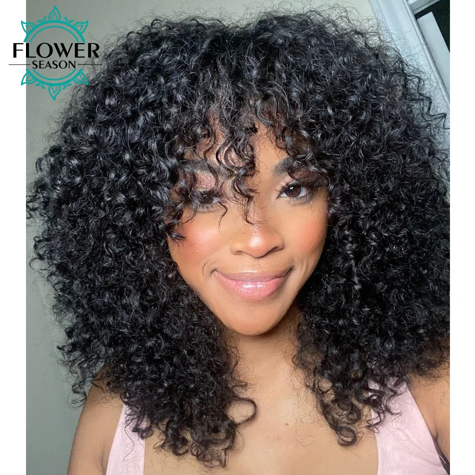 Curly Wig With Bangs Glueless Brazilian Curly Human Hair Wigs O Scalp Top Full Machine Made Wig for Black Women 180Density