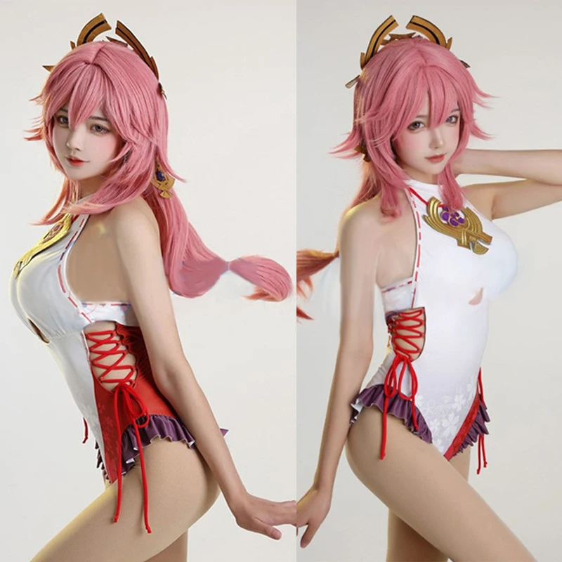 

Genshin Impact One Piece Suits Sexy Swimsuits Pink Women Swimwear Yae Miko Cosplay Bathing Suit Summer One Piece Swimsuit Cloak