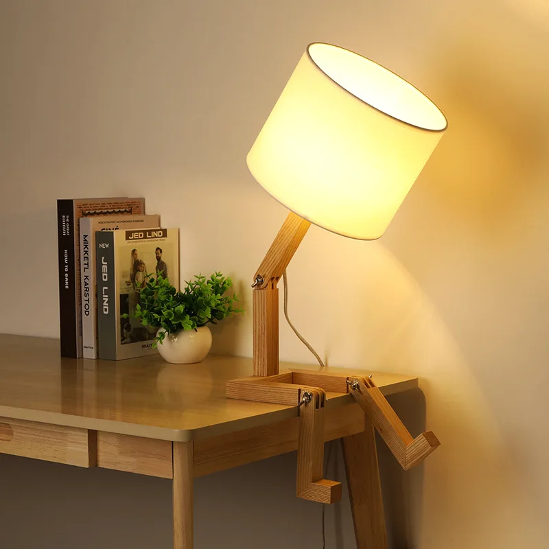 

E14 Robot Shape Wooden Table Lamp New Modern Cloth Art Wood Desk Table Lighting Parlor Indoor Study Night Light Holder 110-240V
