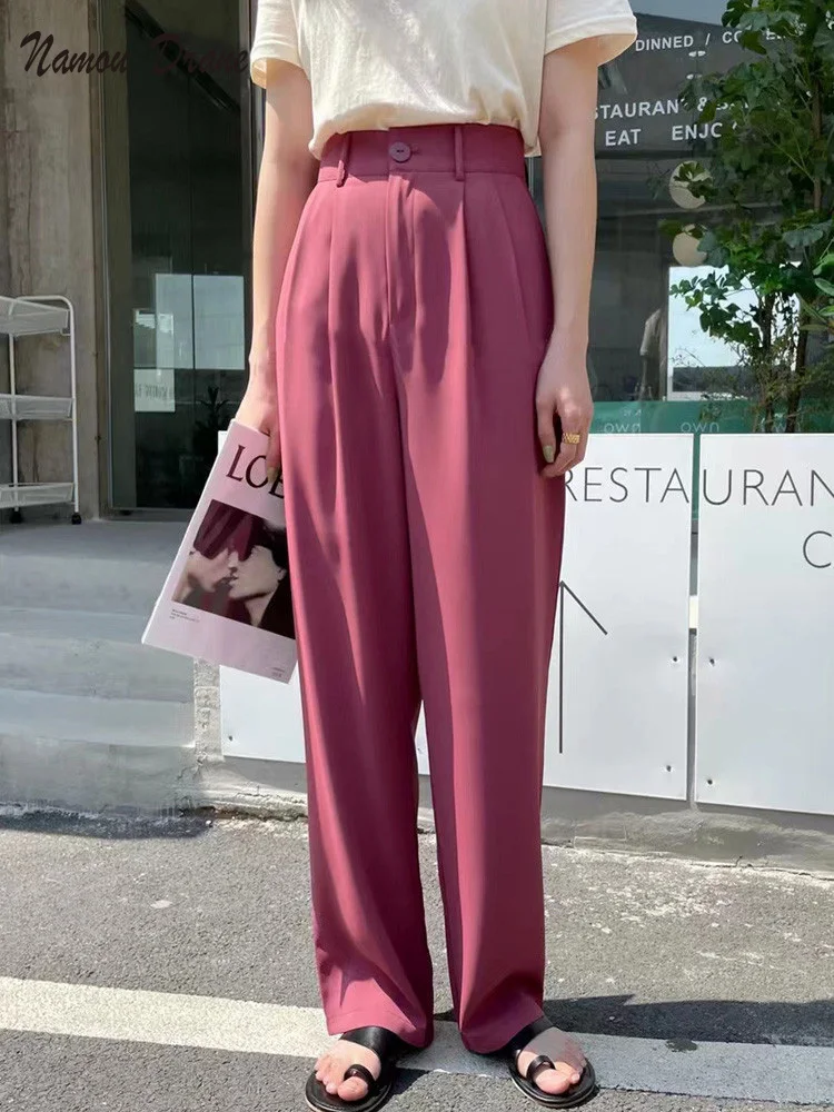 

Namou Drane Summer Fashion Ladies Floor-Length Wide Leg Trousers High Waist Single Buttons Casual Women Solid Suit Pants 2022