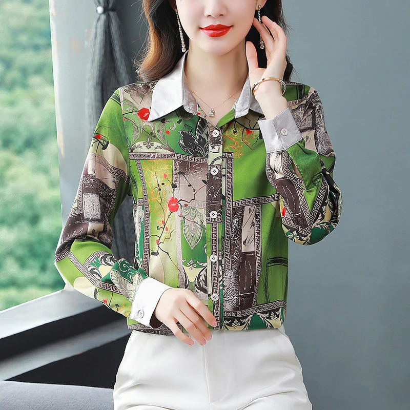 

2023 Summer New Shirt Women Blouse Long Sleeved Satin Surface Printing Lapel Collar Korean Fashion Houthion