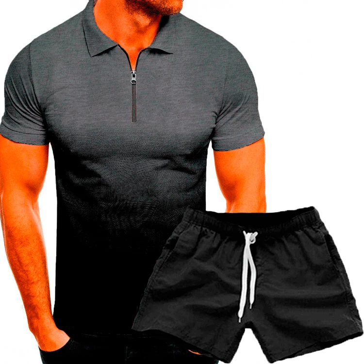 2023 summer new mens Gradient color short-sleeved T-shirt+shorts 2-piece suit lapel slim polo shirt Men's Sets Asian size