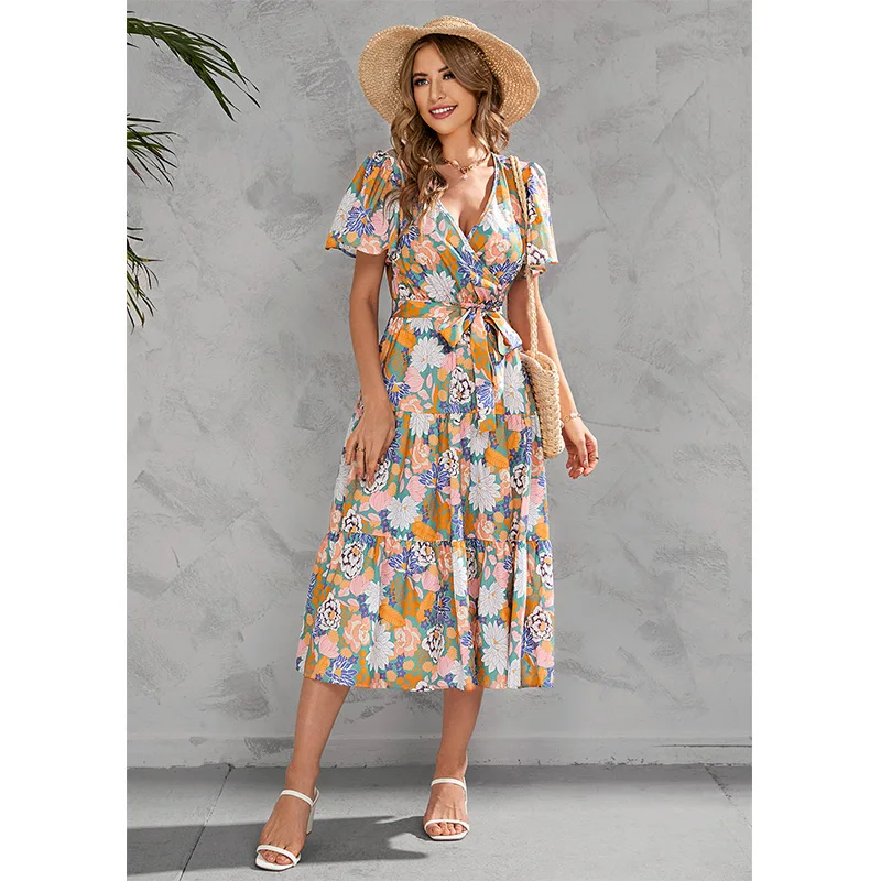 

Casual Summer Women's Dresses Floral Print 2022 Elegant Beach Dress Y2k Sexy and Sweet Female Party Clothes Vintage Fashion New