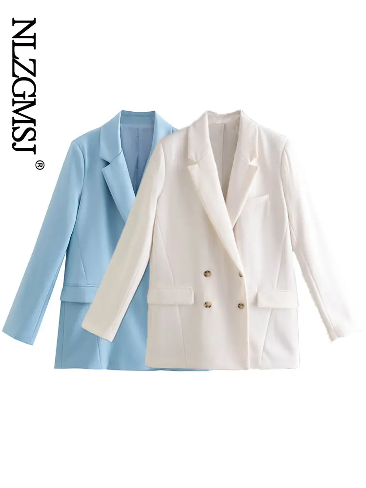 

NlzgmsjWomen 2022 Chic Drape Solid Color Double Breasted Blazer Casual Lapel Retro Long Sleeve Female Fashion Jacket Mujer