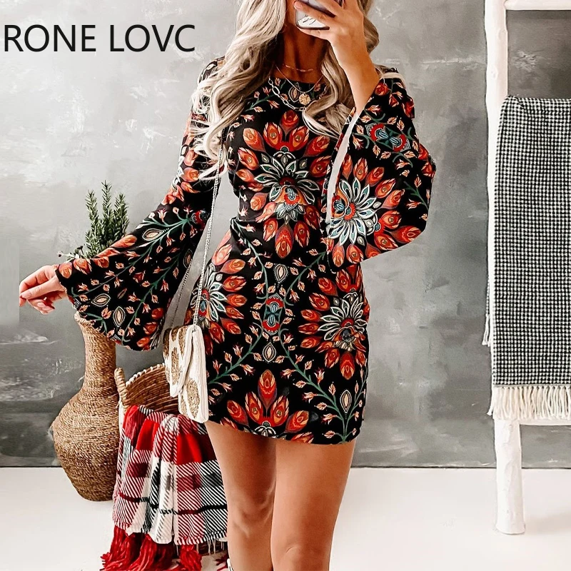 

Женское повседневное облегающее мини-платье с цветочным принтом, круглым вырезом и длинными расклешенными рукавами