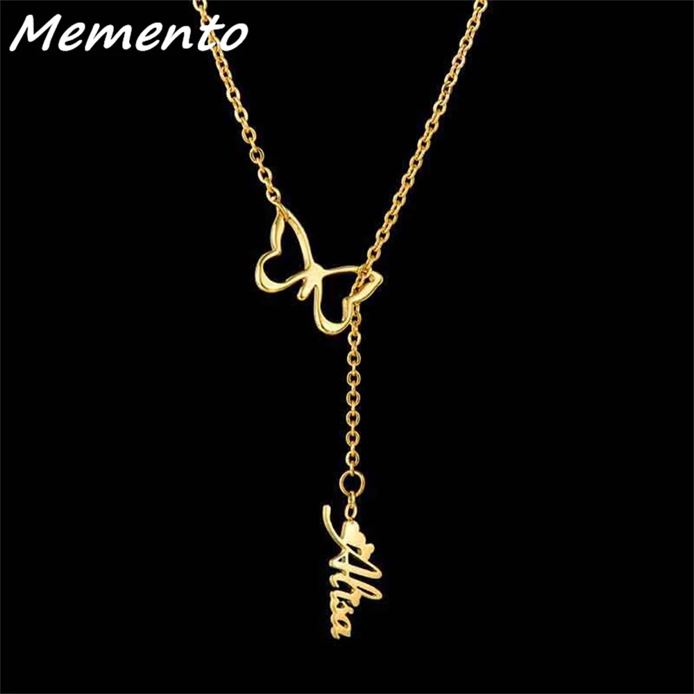 

Ожерелье Memento с именем бабочки на заказ, индивидуальное ожерелье из нержавеющей стали с отверстиями, золотистый чокер кулон-табличка с имен...