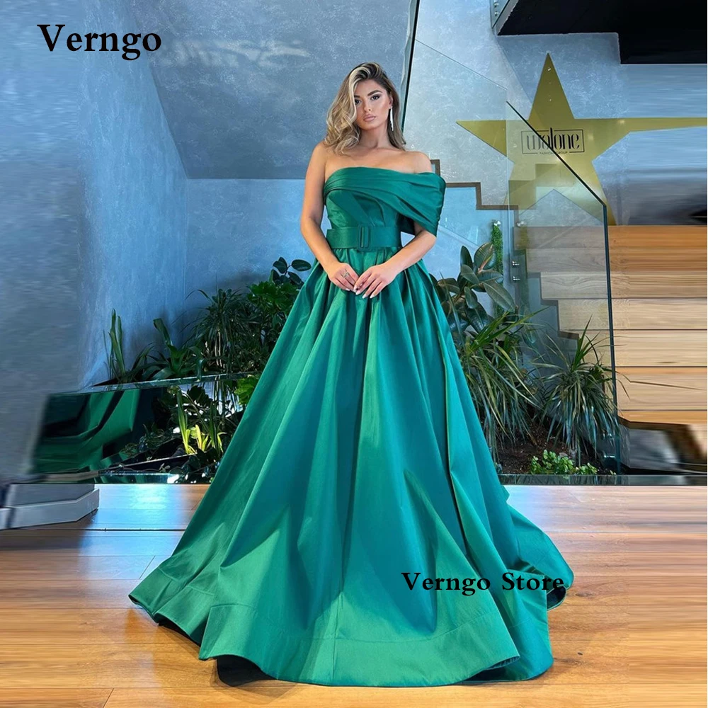 

Verngo One Shoulder Green Satin A Line Long Evening Dresses Dubai Arabic Women Formal Party Prom Dress Plus Size Robe de soiree