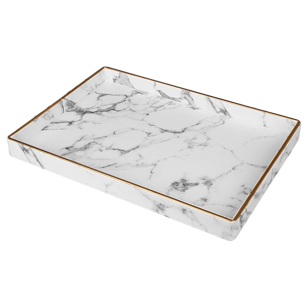 

Home Decro Kitchen Storage Organizer Marble PU Leather Serving Tray Bar Large Cup Tray Serving Plates Holder for Fruit, Wine