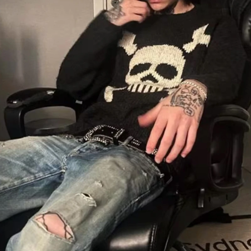 Акриловый пуловер унисекс в стиле хип-хоп с рисунком черепа свободный топ