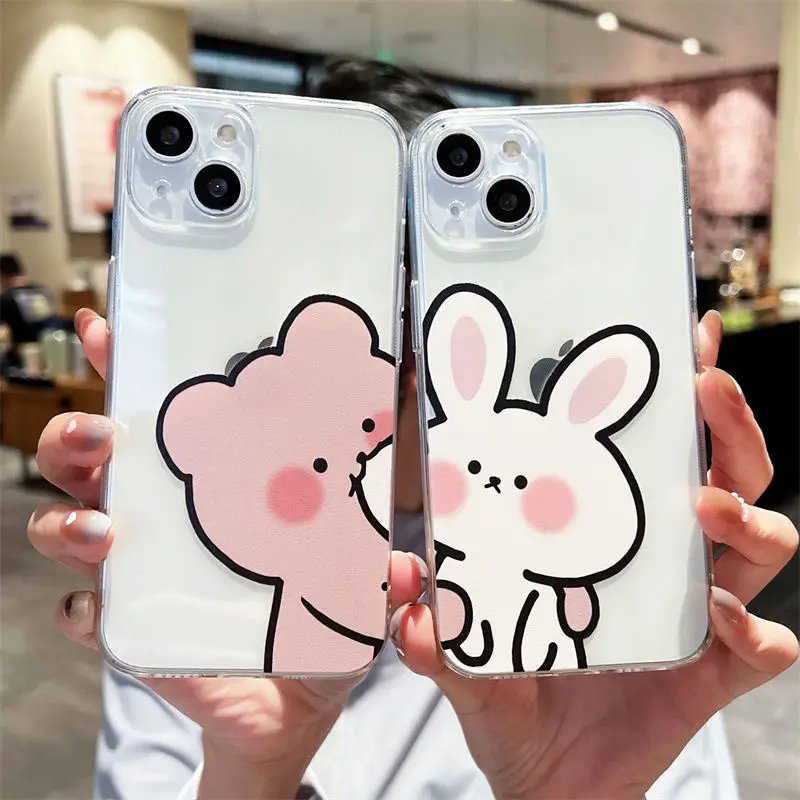 

Cute Bear Cartoon Rabbit Phone Case For iPhone 14 Pro Max 11 12 13 Pro XS Max X XR Mini 7 8 6s Plus Soft silicone couples cover