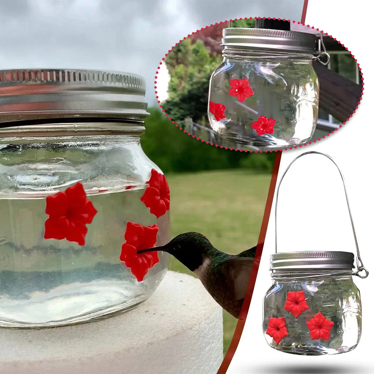 

475ml Mason Jar Hummingbird Feeder with 3 Red Flower Shape Feeding Ports Durable Plastic Glass Jar Bird Feeder Outdoors Garden