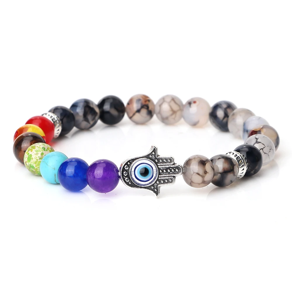 

Hand of Fatima Evil Eye Prayer Bracelet Men Women Lucky Natural Stone Beads 7 Chakra Bracelet&Bangle Couple Fashion Jewelry Gift