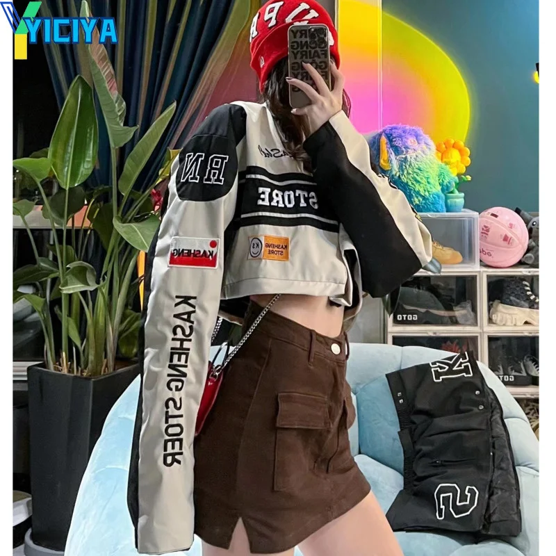 

YICIYA Bomber Woman Varsity Jackte Long Sleeves Race Car American Baseball Jacket Vintage Detachable Hem Coat 2022 Summer Coats