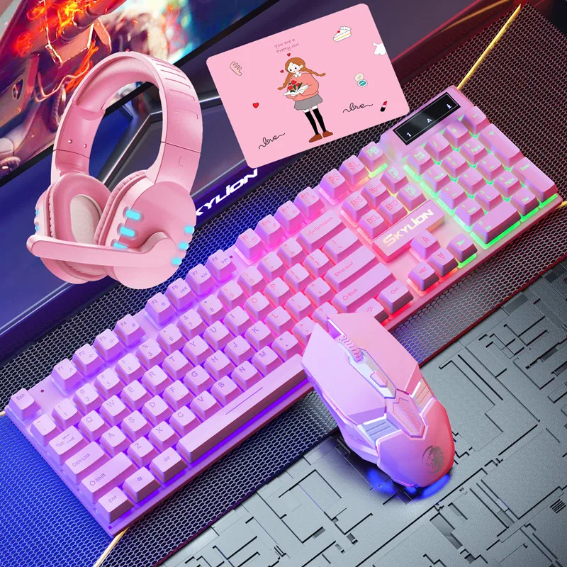 

4 In 1 Keyboard Mouse Headset Mousepad Combos Mechanical Feel Gaming Sets Cute Pink Keyboard 1600 DPI Optical Mouse for PC Gamer
