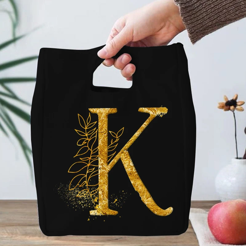 

26 Flower Gold Letter Printed Portable Lunch Bag Thermal Insulated Lunch Totes Cooler Bag Bento Pouch Container Food Storage Box