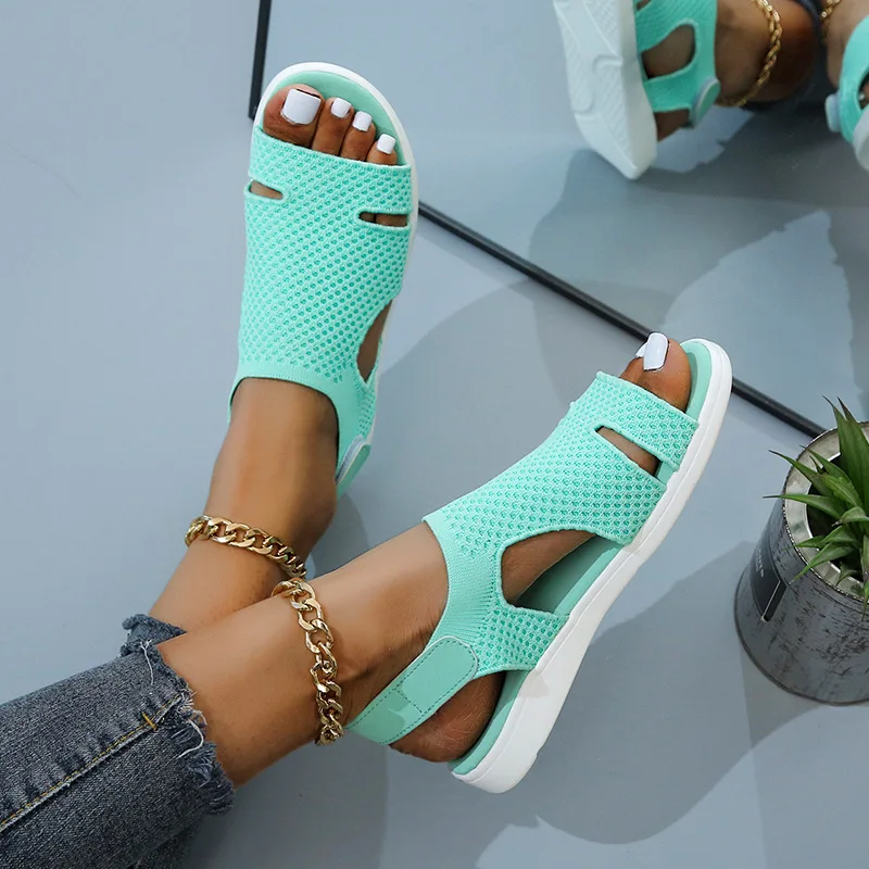 

Summer New Women's Sandals Large Size 35-44 Breathable Elastic Fly Woven Surface Flat Bottom Comfortable Women's Casual Shoes