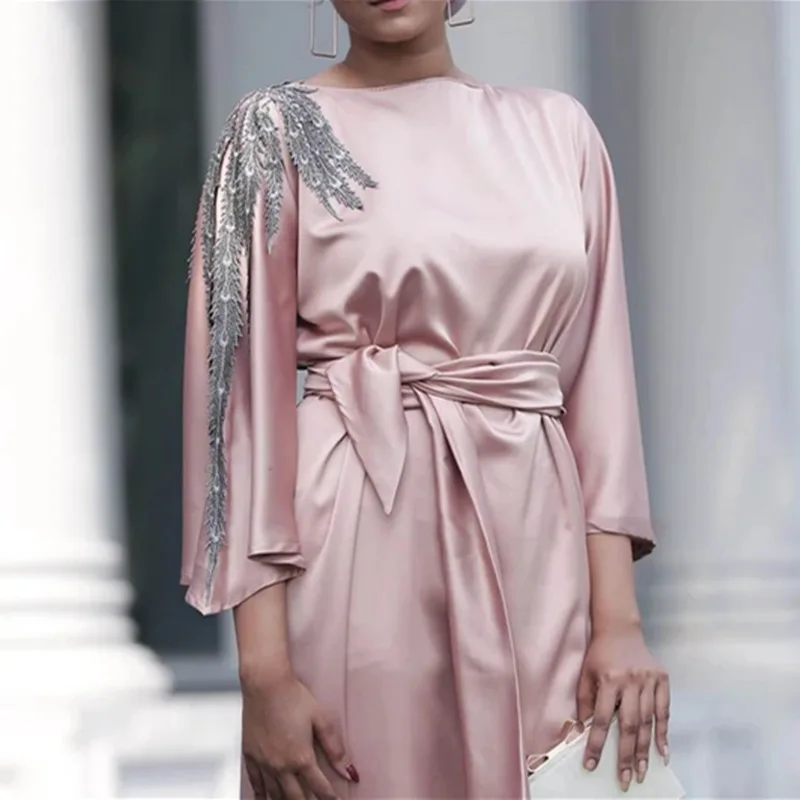 Robe Femme Musulmane Muslim Fashion Muslim Dress Middle East Abaya Dubai Embroidered Mid-sleeve Dress Abaya Turkey Robe Belt