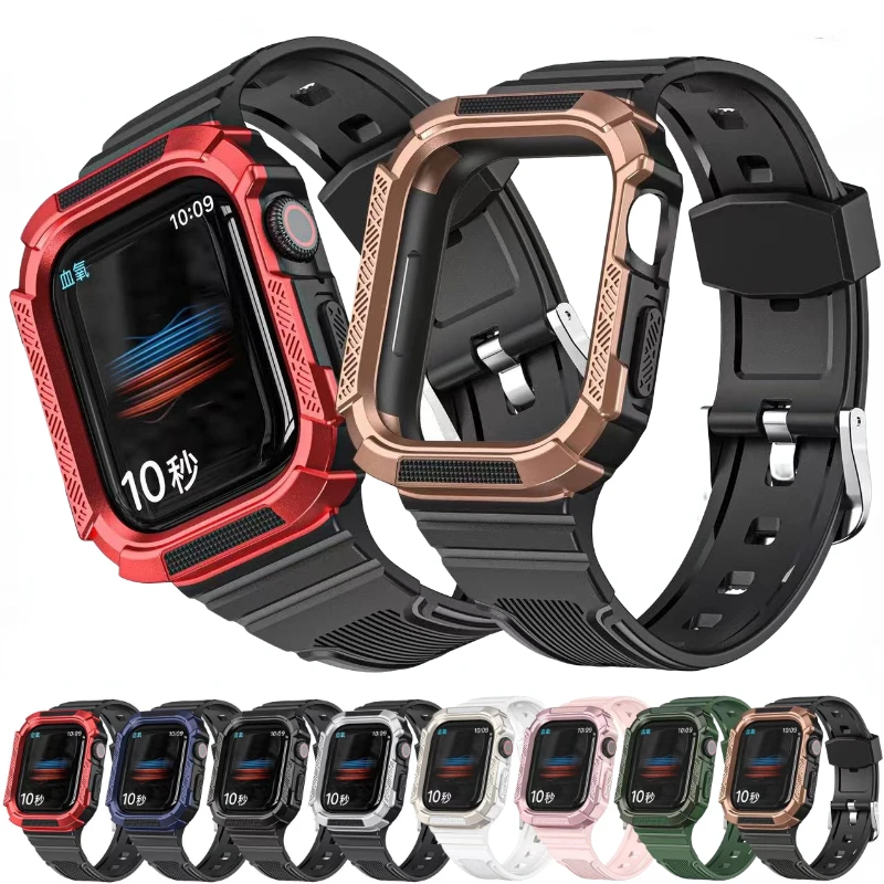 Фото Силиконовый ремешок + чехол для Apple Watch Band 8 7 45 мм 41 мм, браслет, чехол для часов iWatch Series 6 5 4 3 SE 44 мм 42 мм 40 мм 38 мм №1