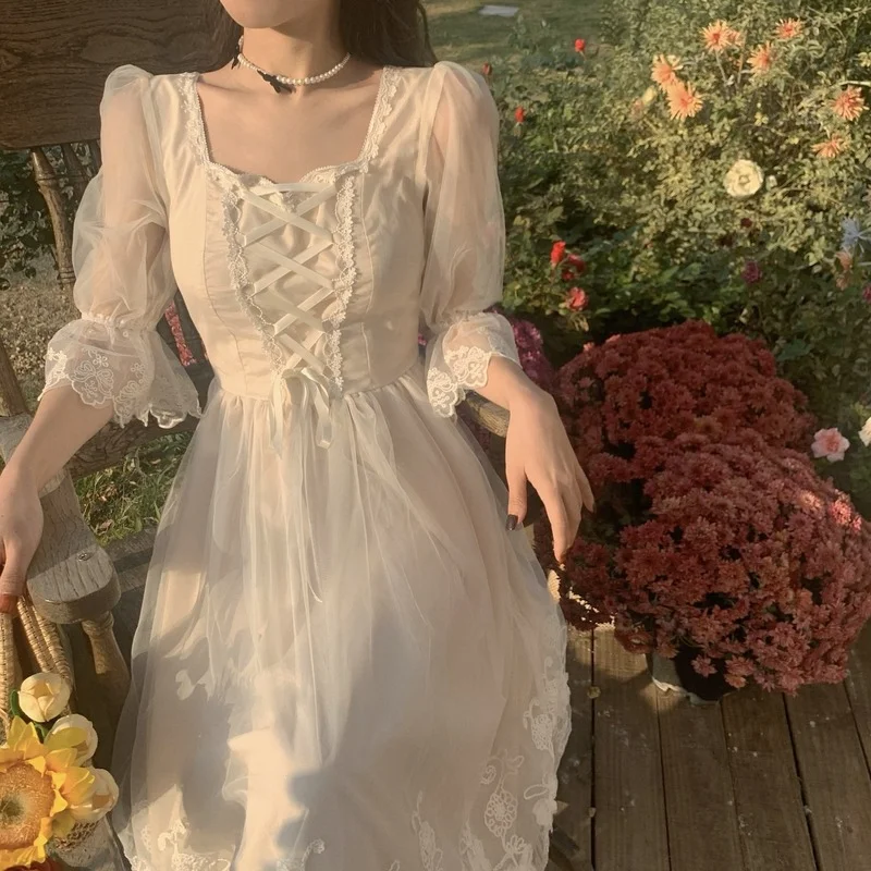 

French Vintage Midi Dress Women Lace Elegant Princess Party Fairy Dress Female 2022 Spring Casual Korean Wedding Victorian Dress