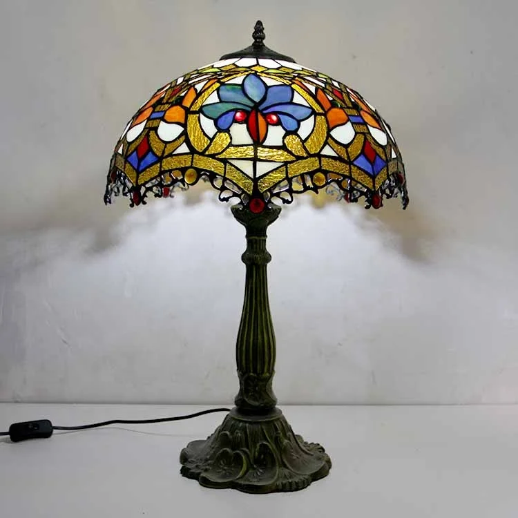 

LongHuiJing 16Inch Tiffany Table Lamps Blue and Yellow Stained Glass Lampshade Antique Art Style Desk Lamp With Lotus Metal Base