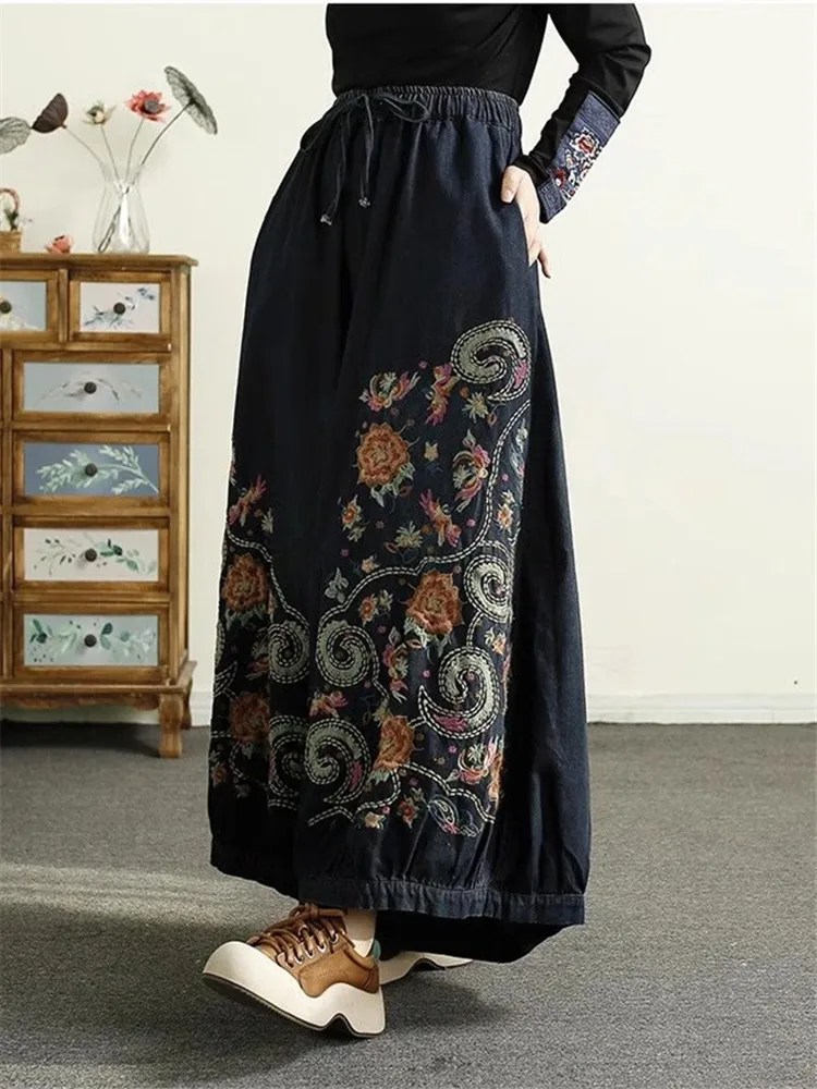 Женские винтажные тяжелые джинсы свободные длинные брюки из денима с вышивкой и