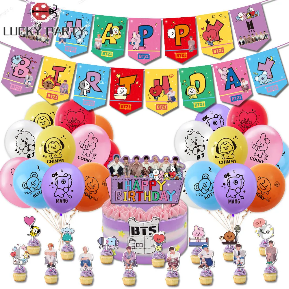 

Kpop Bangtan Boys Birthday Party Supplies Includes Banner Cake Topper Cupcake Toppers Balloon for Girl Birthday Party Decoration