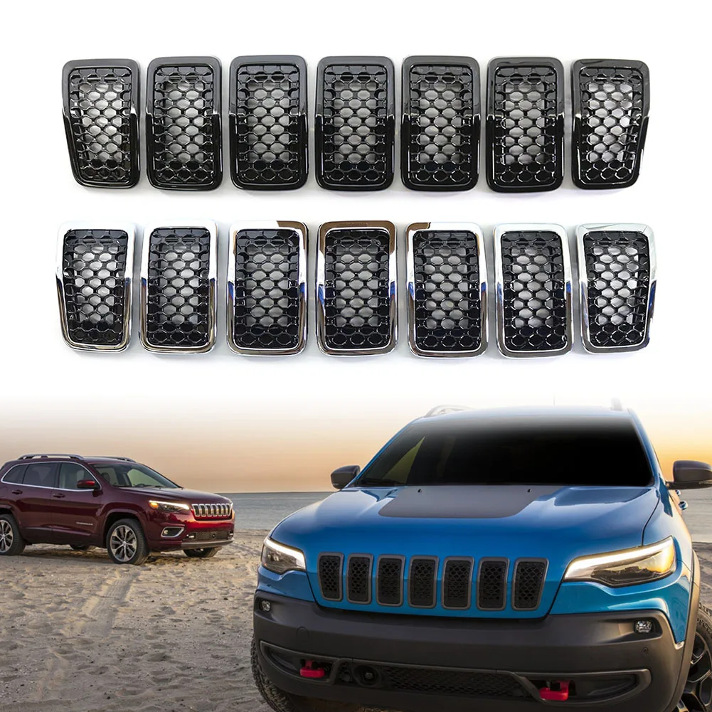

7Pcs Glossy Black/Chrome Car Front Bumper Kidney Mesh Grille For Jeep Cherokee 2019 2020 2021 2022 Accessories