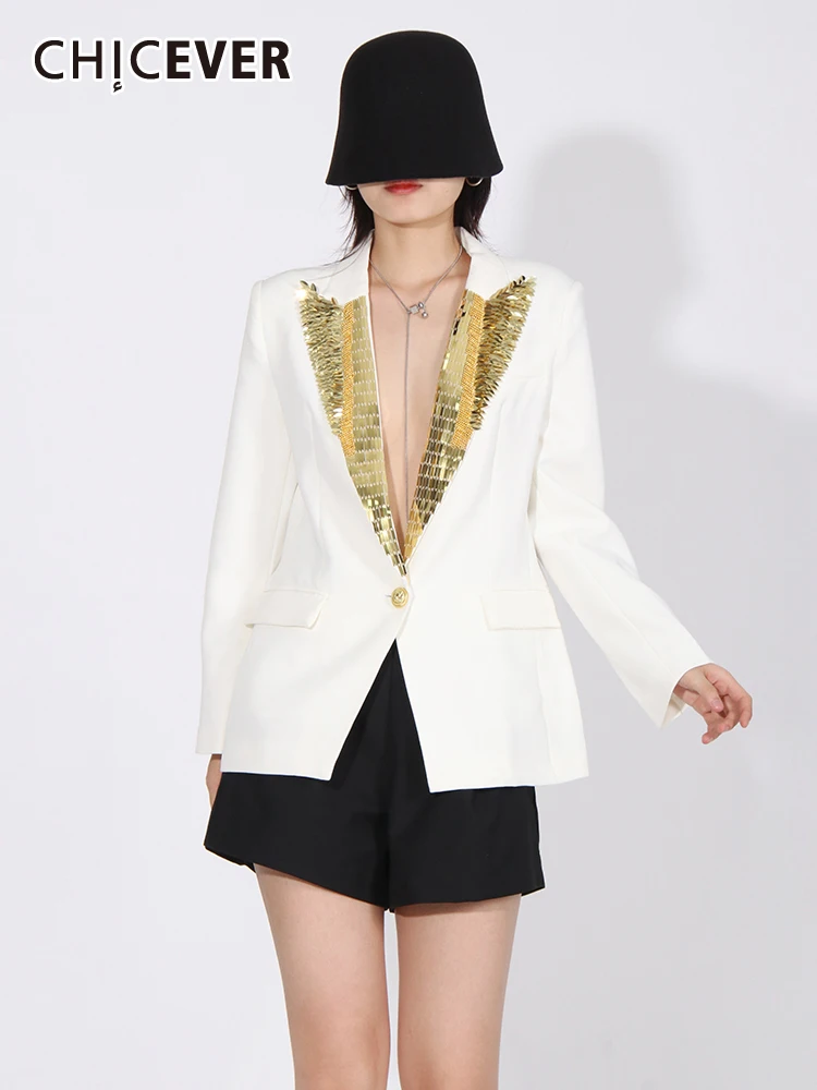 

CHICEVER минималистичный темпераментный Женский блейзер с зазубрированным воротником с длинным рукавом и одной пуговицей в стиле пэчворк, Роскошный Блейзер с блестками