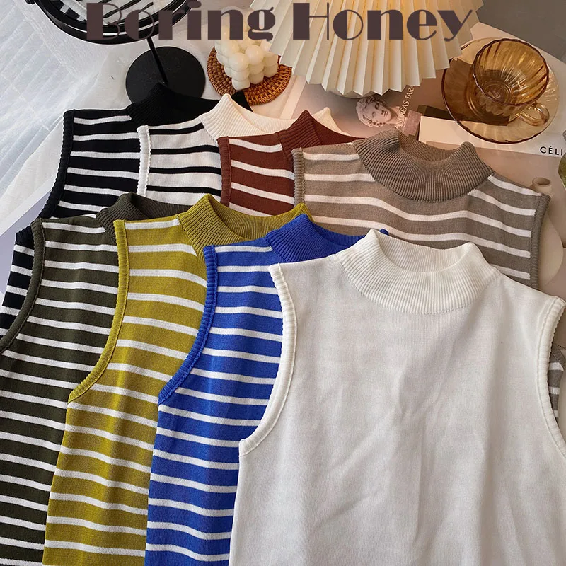 

Boring Honey Stripe Sleeveless T-Shirt Pullovers Be All-Match Tops Women Basic Sweater Vest knit Jumpers Round Collar Tops