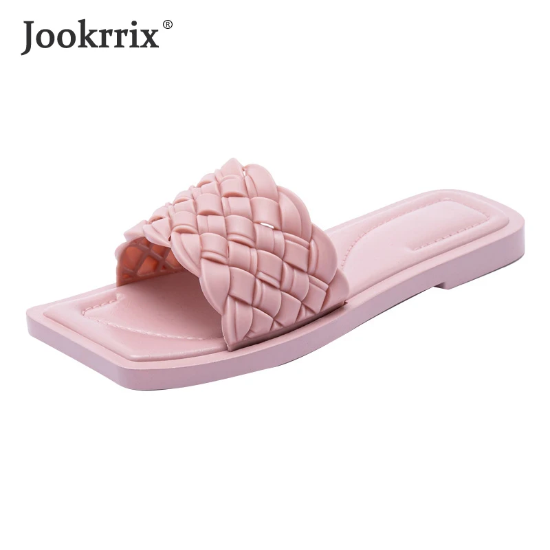 

2022 Summer Women Slippers Adult Slides PU Fashion Solid Soft Sole Brand Knitting Outside Flat Low Heel Basic Lady Shoes Black