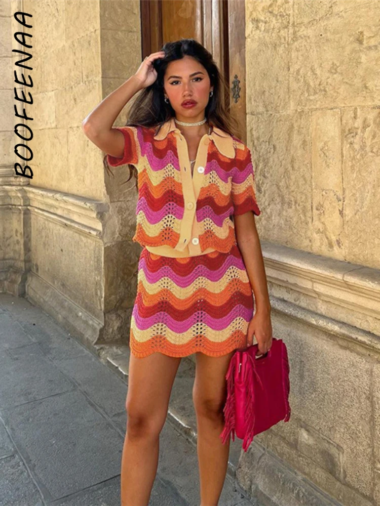 

BOOFEENAA 2023 Autumn Two Piece Crochet Set Women Skirt and Top Stripe Hollow Knit Sweater Dress Brunch Holiday Outfits C87-HZ32