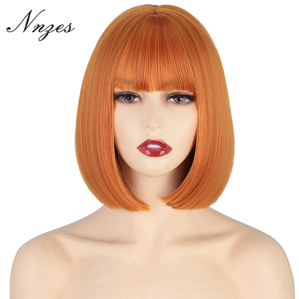 

NNZES Orange Synthetic Wigs for Black Women Short Bob Wig With Bangs Natural Looking Black Wine Red Blonde Heat Resistant Wigs