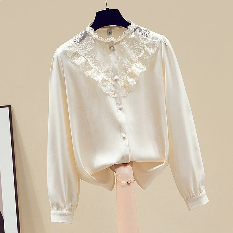 

2022 Spring New Mesh Lace Splicing Stand Full Solid Casual Shirt Office Lady Woman Tops