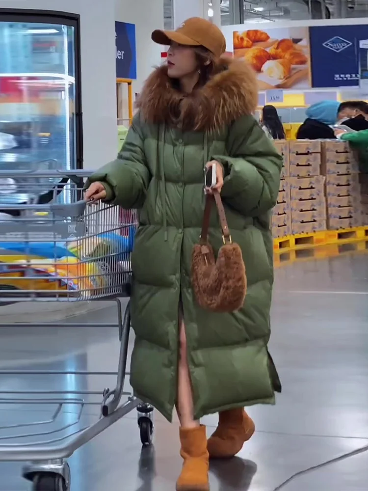 Женский пуховик с большим меховым воротником Длинная утепленная куртка выше