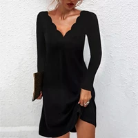 black long sleeve dress women plain elegant ladies patchwork casual dress v neck evening night party clubwear mini dress vestido