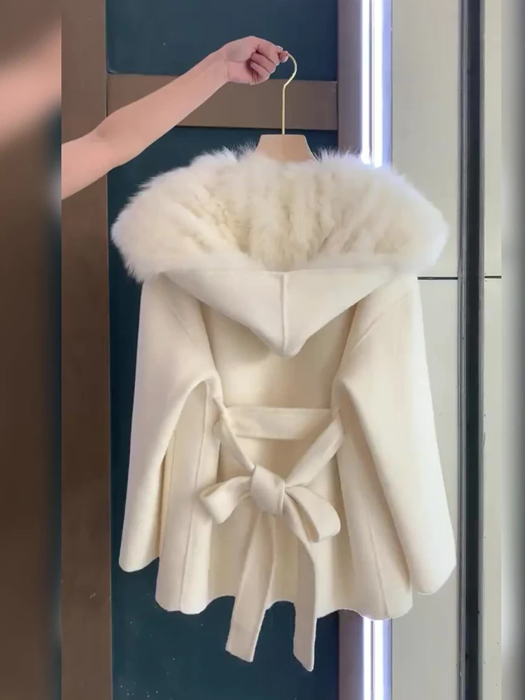 Woolen Coat High-Grade White Cape Fleece-Lined Thick Woolen Coat Women 'S Autumn And Winter