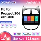 Автомобильный мультимедийный плеер 8G + 128G Android 11 для Peugeot 206 2001-2008 GPS-навигация Dvd Авторадио AI Голосовое управление Carplay