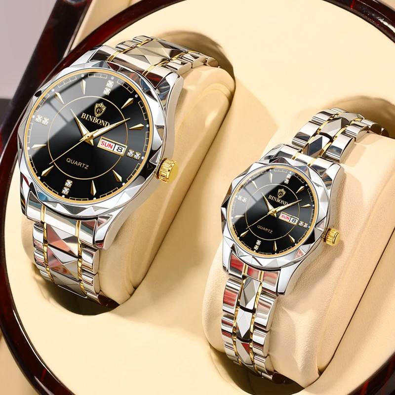 BINBONG Couple Watches Fashion Diamond Dial Luminous Weekly Calendar Display Quartz Watch 2023 New Couple Watch Waterproof 5552