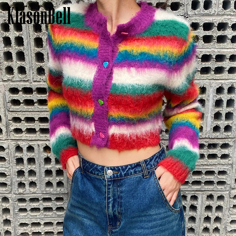 

12.3 KlasonBell Elegant Temperament Contrast Color Rainbow Striped Round Neck Short Knitted Cardigan Sweater Women