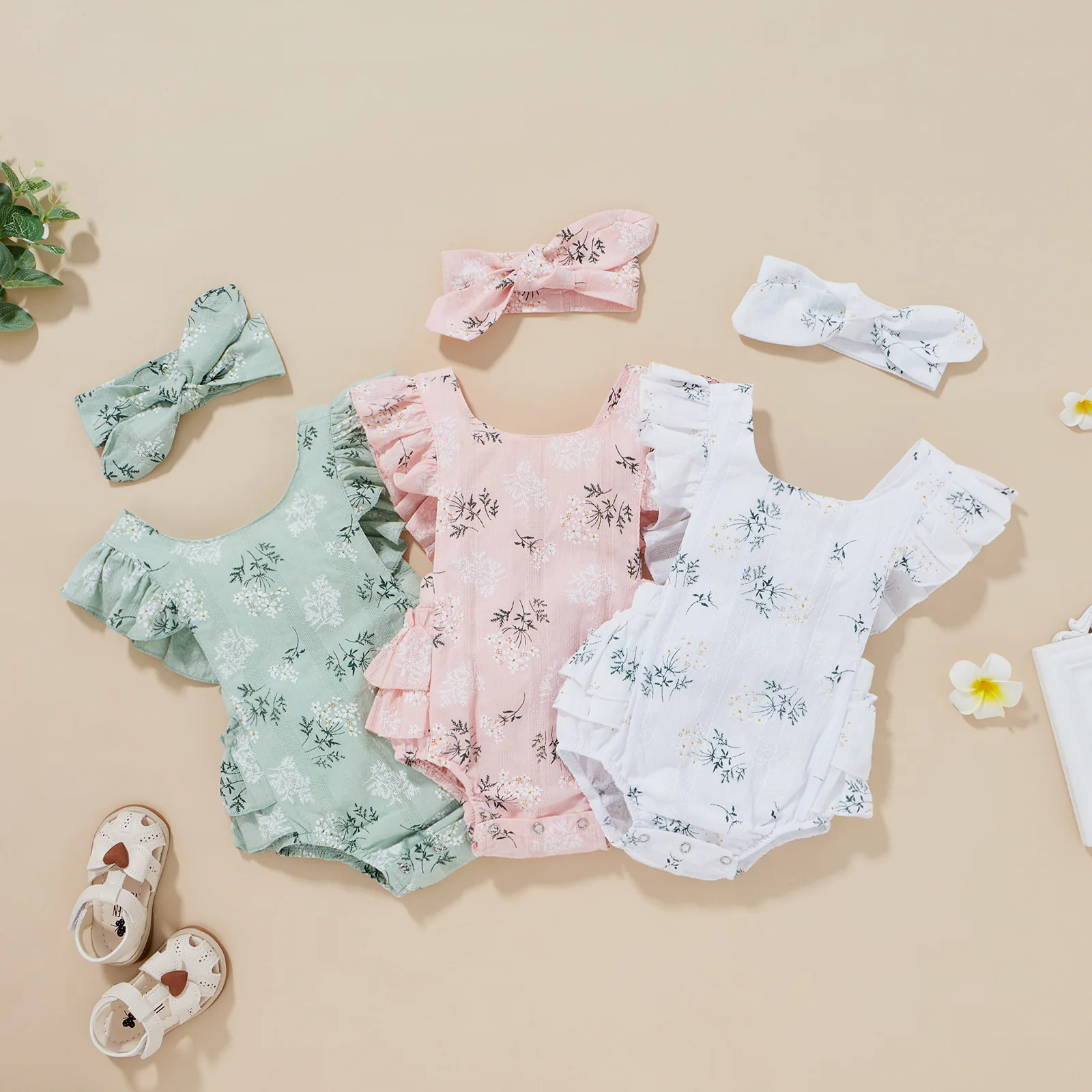 

Baby Girl Clothes Children Clothing Sets Infant Solid Embroidery Flying Sleeve Bodysuit + Bow 2pcs Set Toddler Casual Outfits