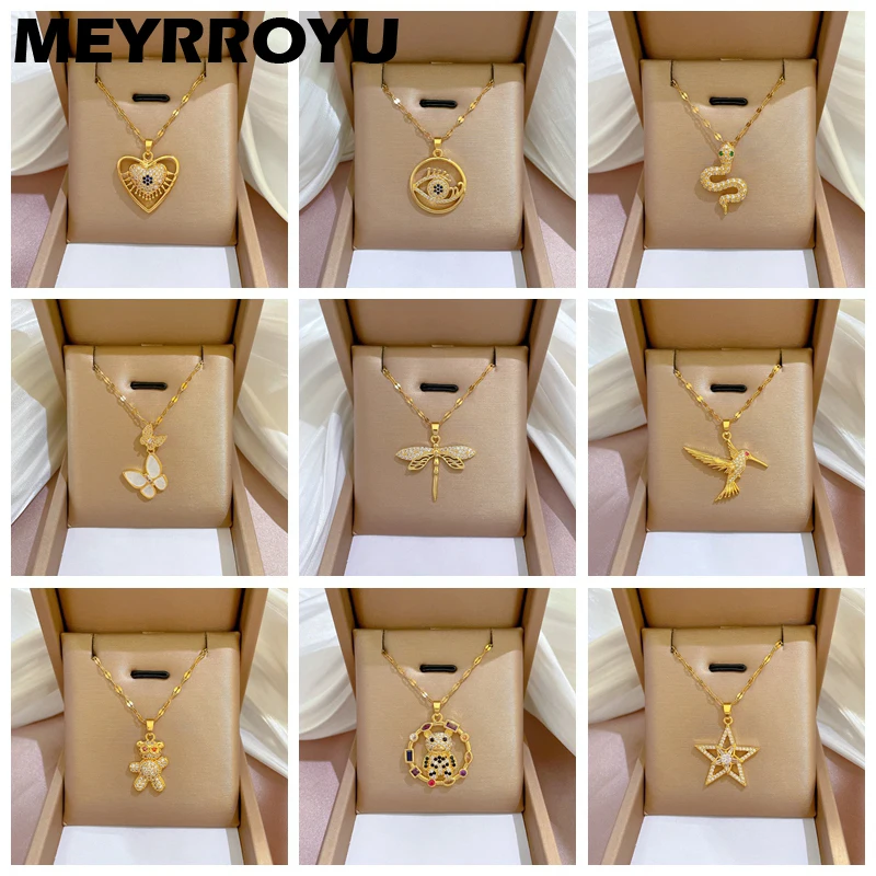 

MEYRROYU 316L Stainless Steel New Butterfly Snake Bird Star Flower Bule Eyes Pendant Chain Necklace For Women Party Gift Bijoux