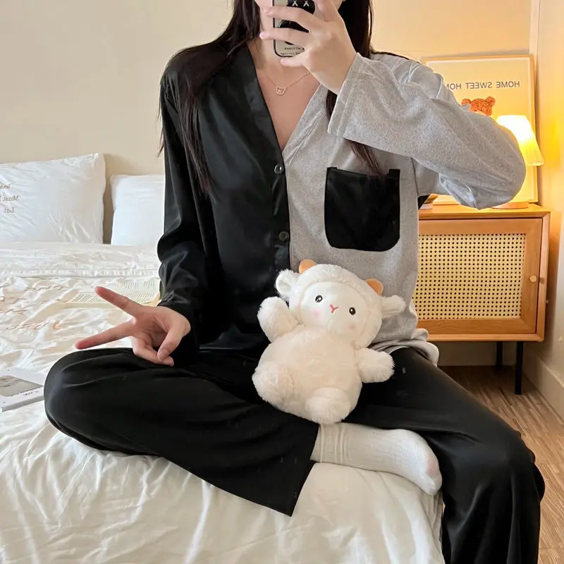 Yasuk Spring Autumn Fashion Women's Casual Soft Milk Silk Sleepwear Homewear Pajamas Set With Pants Splicing Colors Simple Girl