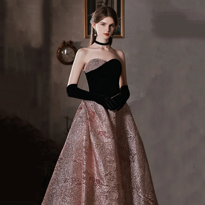 Pink Sweetheart Prom Dress Strapless Sweetheart A-Line Floor-Length Sequins Velvet Formal Party Wedding Celebrity Evening Gowns