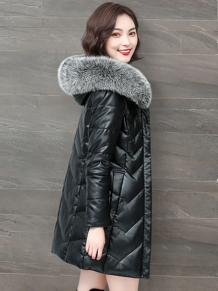 New Women Leather Down Coat Elegant Fashion Hooded Real Fox Fur Collar Medium Long Slim Sheepskin White Duck Down Outerwear