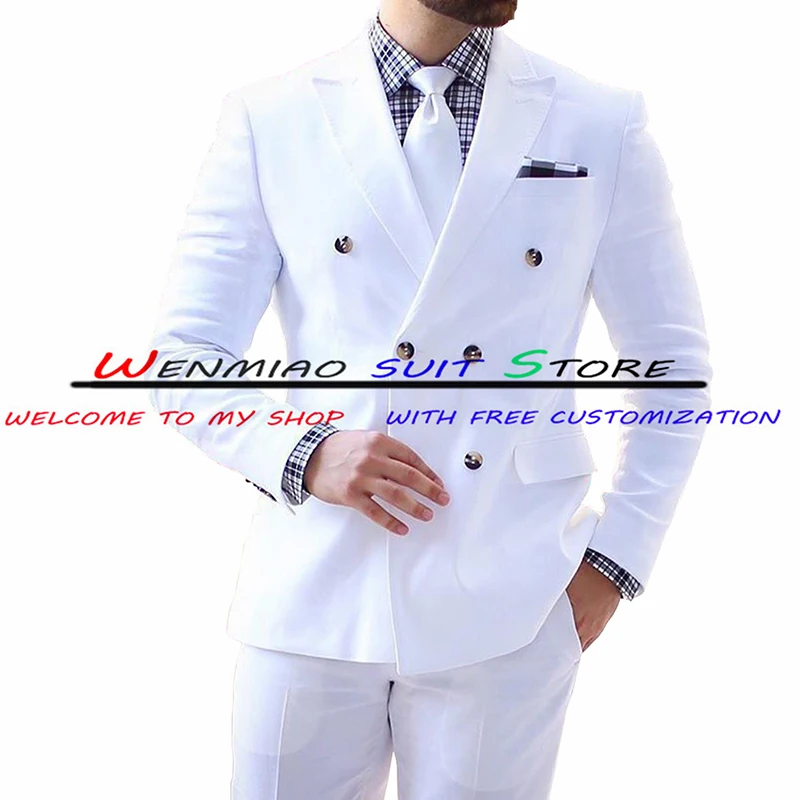 Men's Tuxedo Wedding Groom White Double Breasted Jacket Party Jacket Slim Fit Blazer Men Trousers 2 Piece